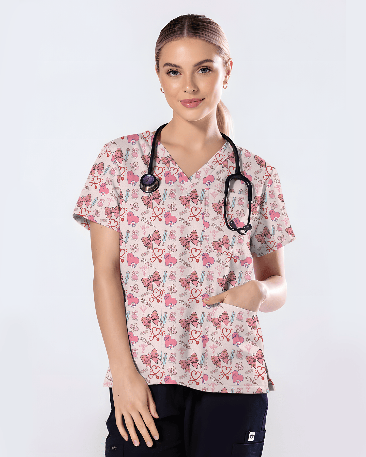 Pink Coquette Bow Nurse Life Scrub Top - Scrubloop