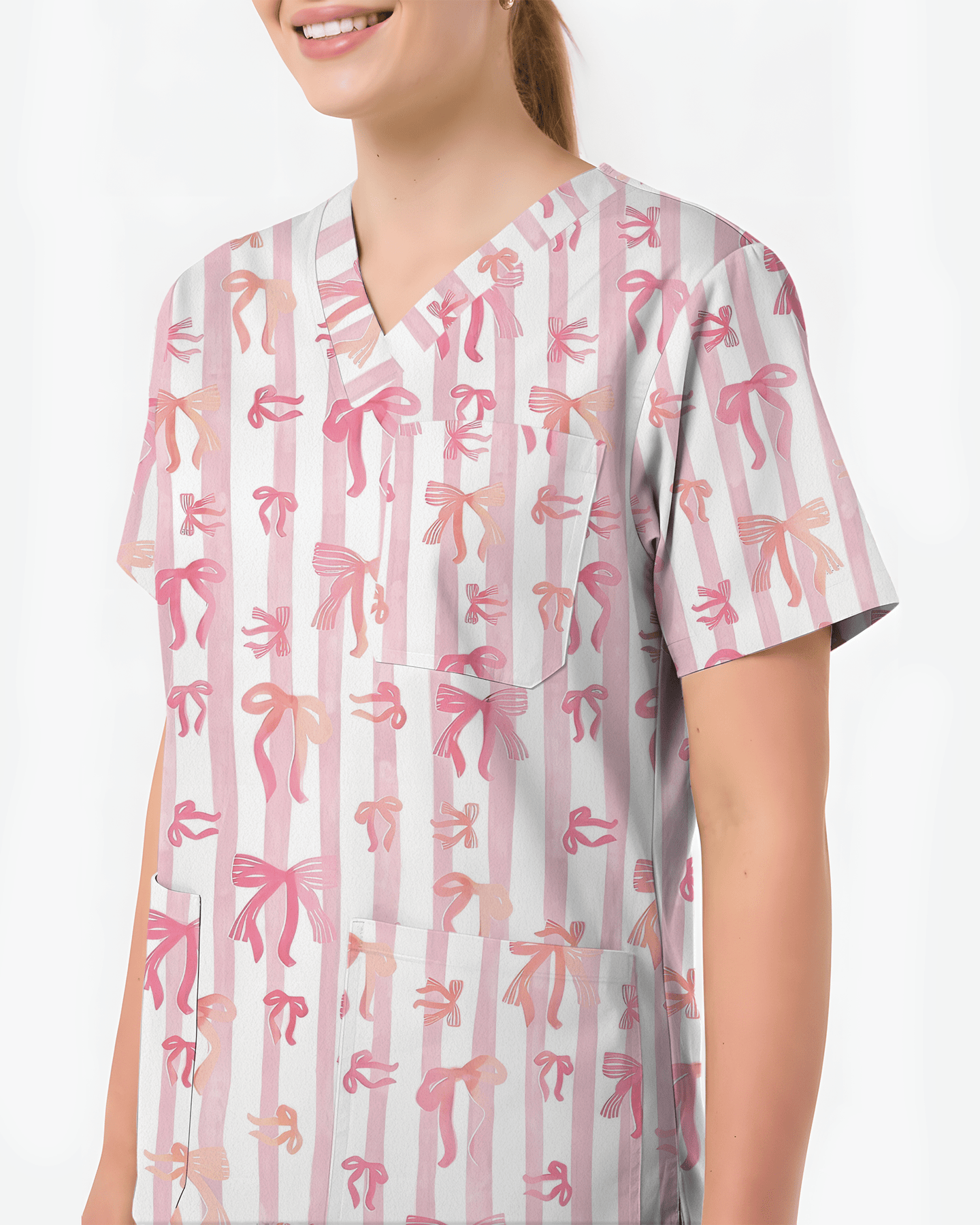 Pink Coquette Ribbon Bow Nurse Scrub Top - Scrubloop