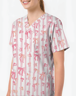 Pink Coquette Ribbon Bow Nurse Scrub Top - Scrubloop
