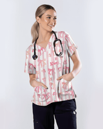 Pink Coquette Ribbon Bow Nurse Scrub Top - Scrubloop