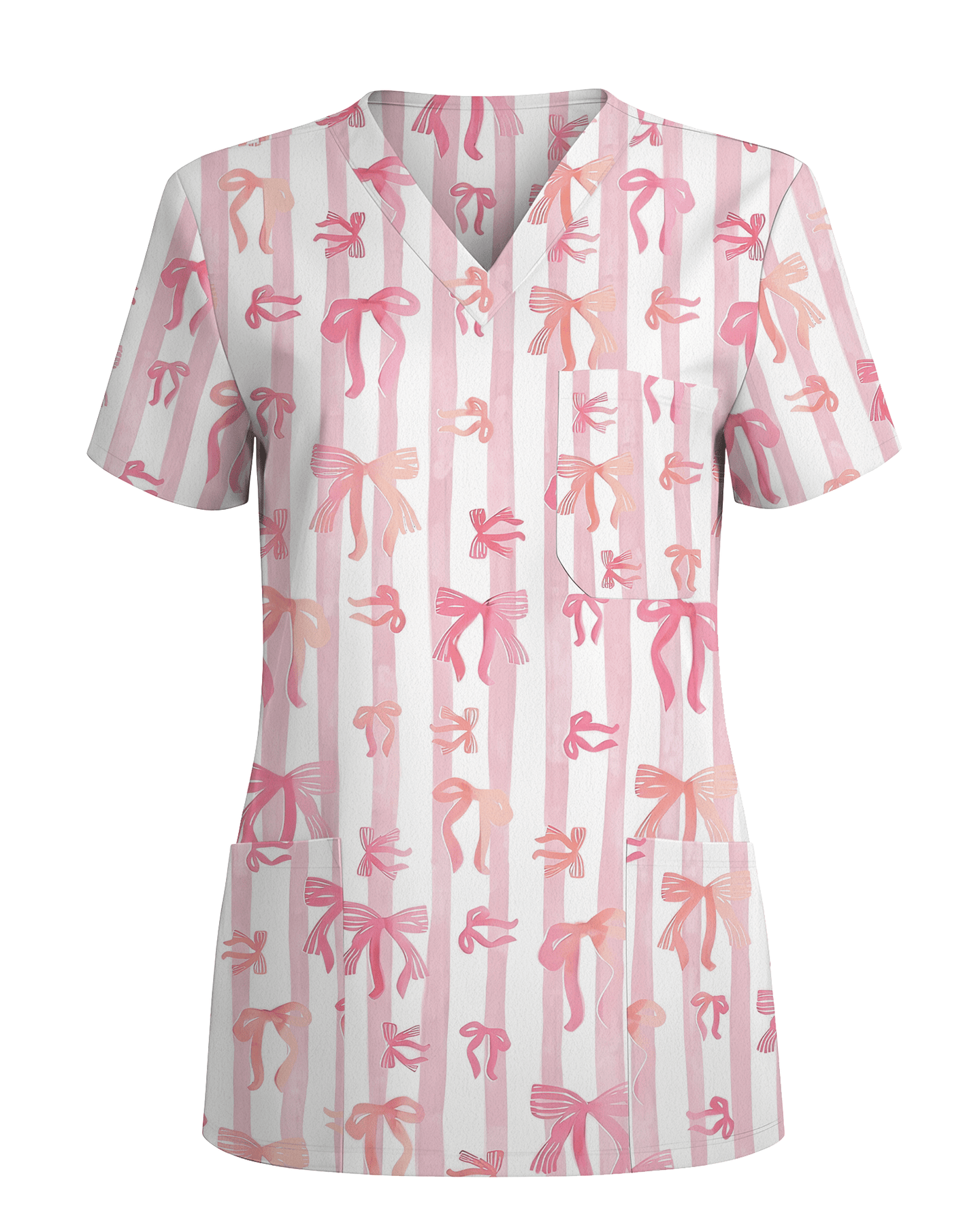 Pink Coquette Ribbon Bow Nurse Scrub Top - Scrubloop
