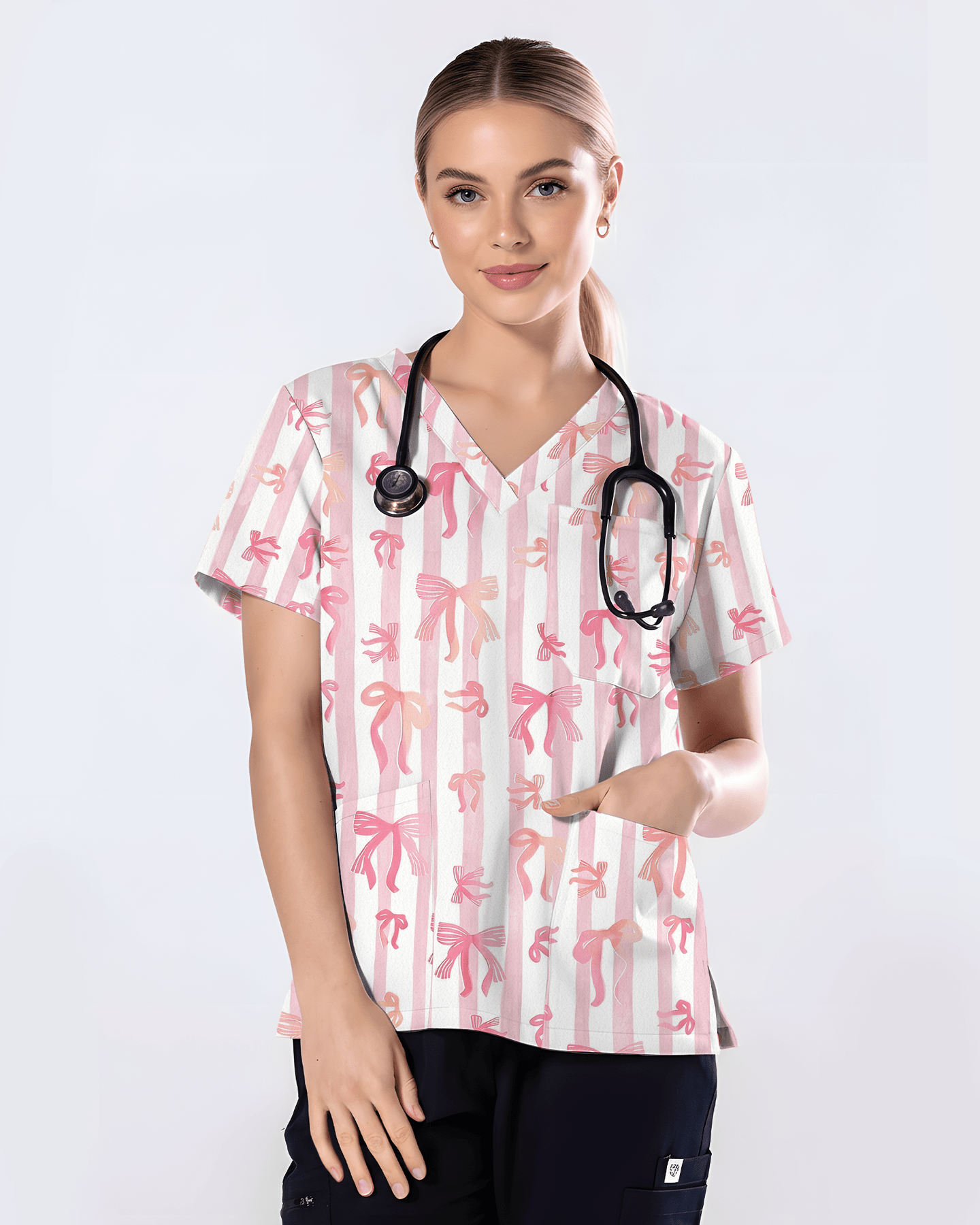 Pink Coquette Ribbon Bow Nurse Scrub Top - Scrubloop