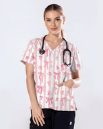 Pink Coquette Ribbon Bow Nurse Scrub Top - Scrubloop