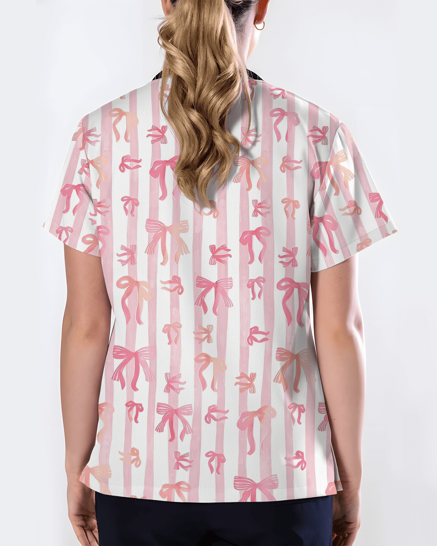 Pink Coquette Ribbon Bow Nurse Scrub Top - Scrubloop