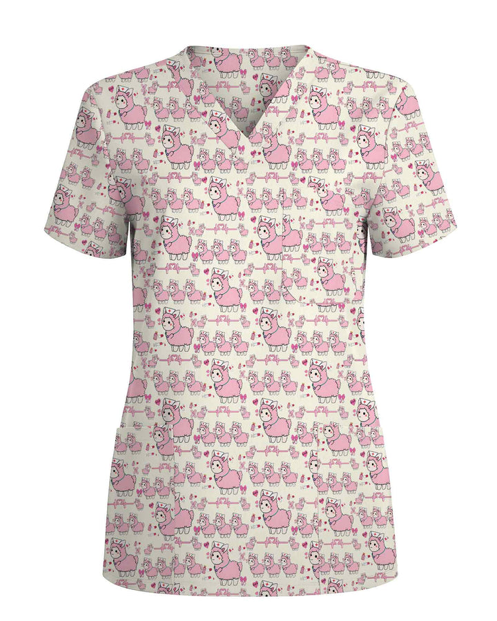 Pink Cute Llama Nurse Medical Scrub Top
