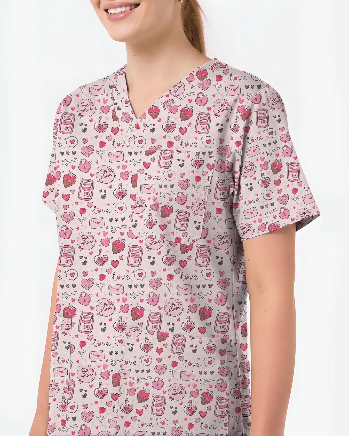 Pink Valentine Heart Theme Women Scrub Top - Scrubloop