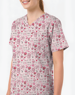 Pink Valentine Heart Theme Women Scrub Top - Scrubloop