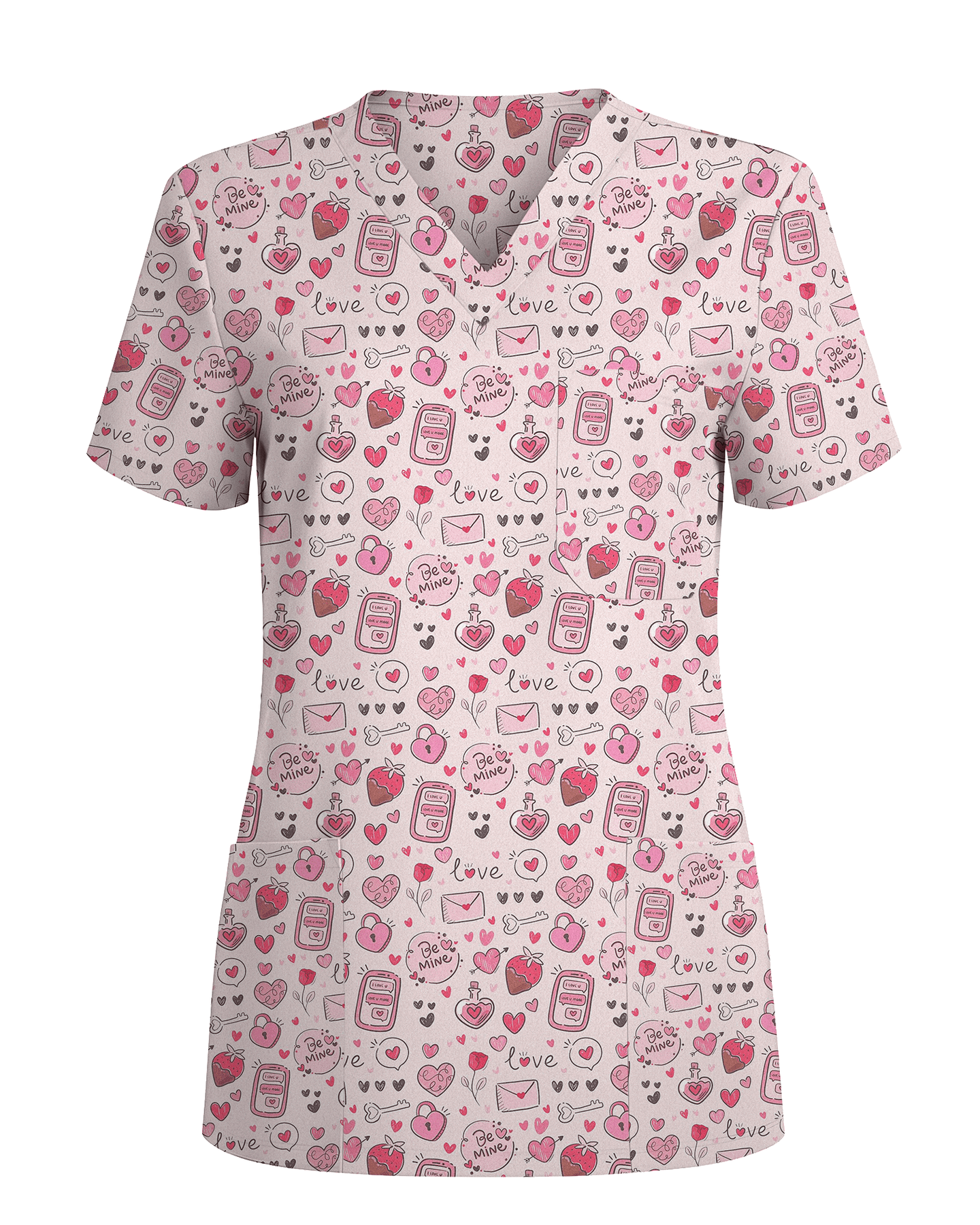 Pink Valentine Heart Theme Women Scrub Top - Scrubloop