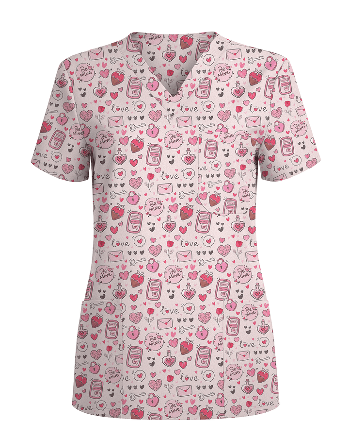 Pink Valentine Heart Theme Women Scrub Top