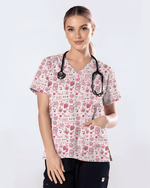 Pink Valentine Heart Theme Women Scrub Top - Scrubloop