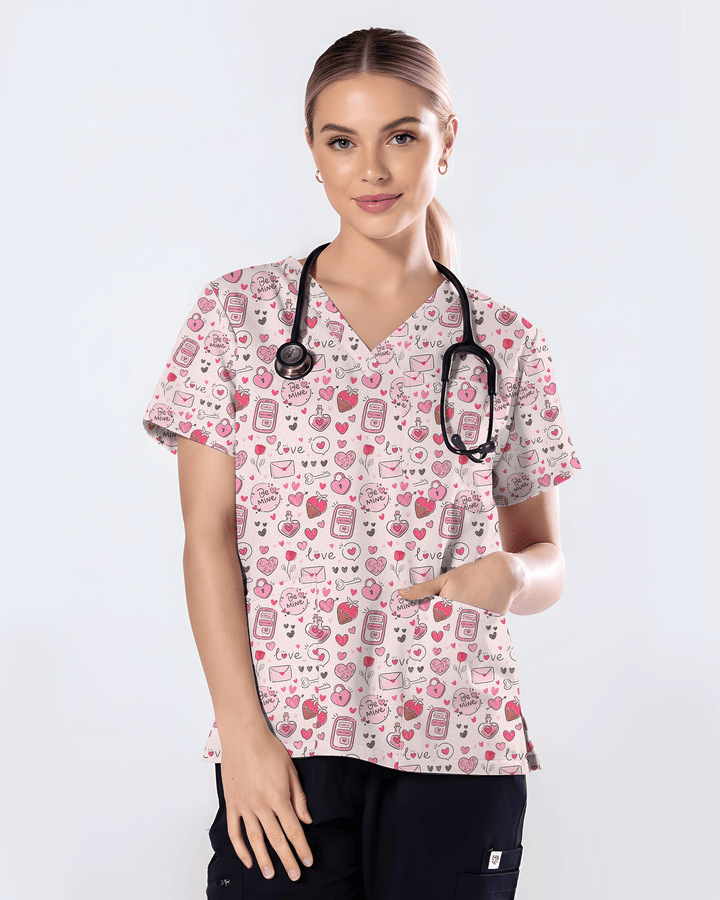 Pink Valentine Heart Theme Women Scrub Top