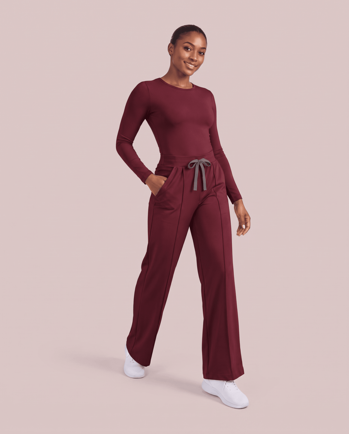 Pintuck High-Rise Wide-Leg Pant Burgundy - Scrubloop