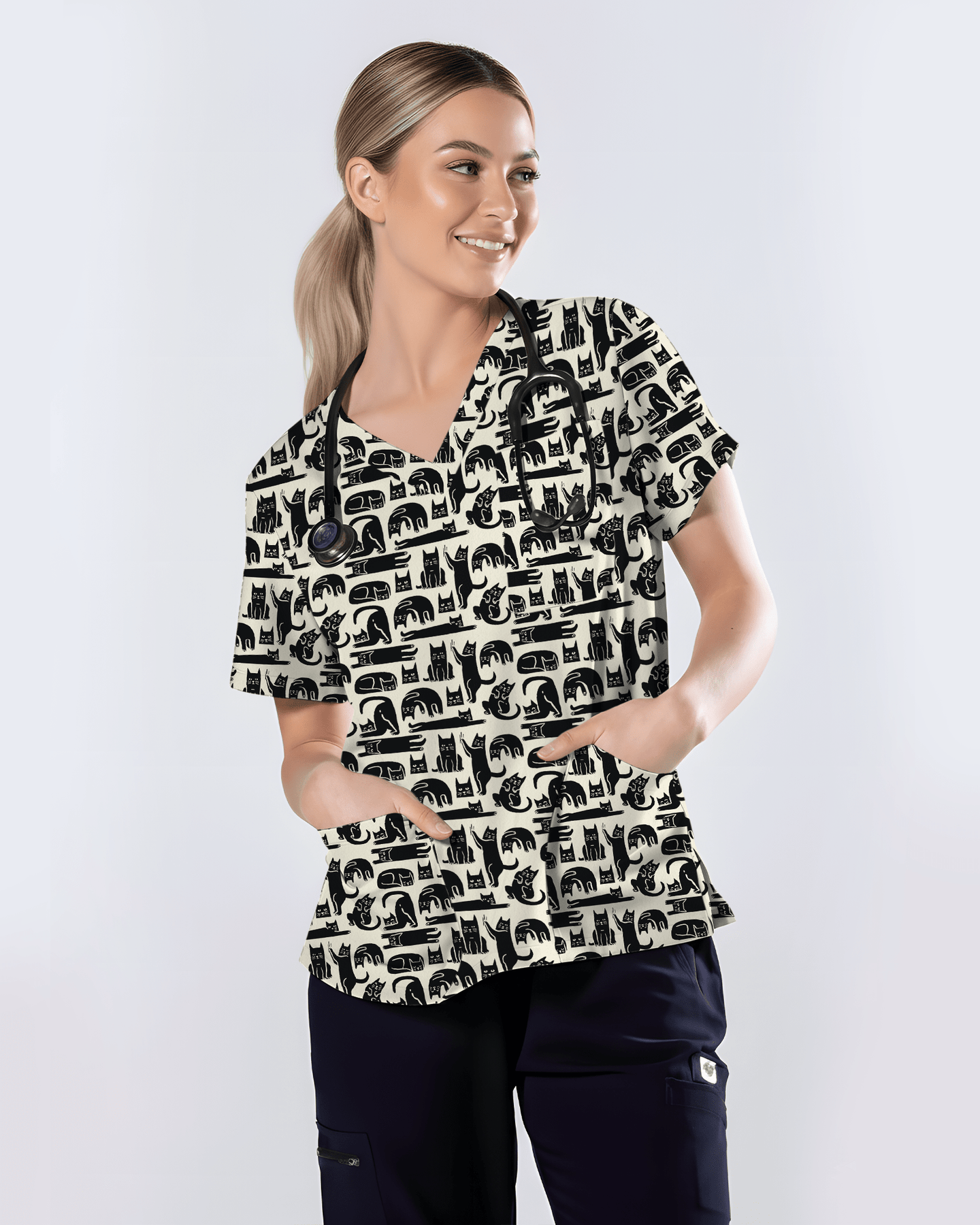 Playful Black Cats Cute Nurse Scrub Top - Scrubloop