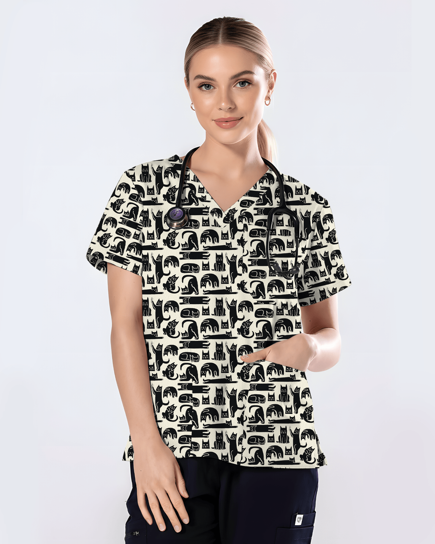 Playful Black Cats Cute Nurse Scrub Top - Scrubloop