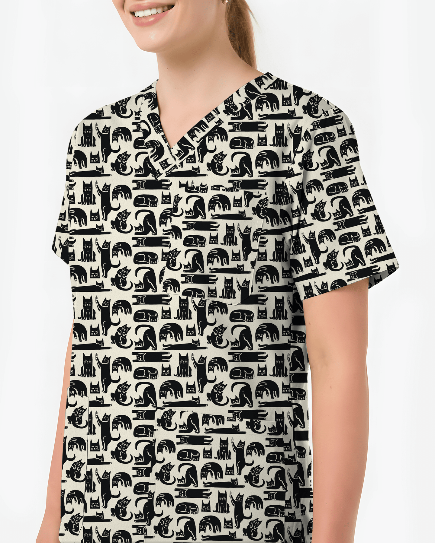 Playful Black Cats Cute Nurse Scrub Top - Scrubloop