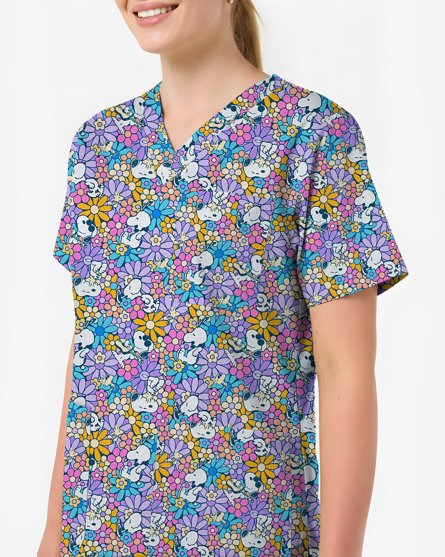 Playful Bunny Blossom Women Scrub Top - Scrubloop