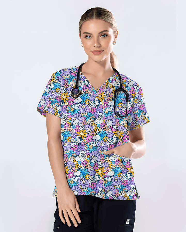 Playful Bunny Blossom Women Scrub Top