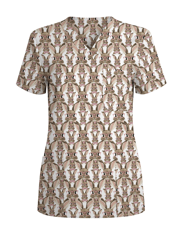 Playful Bunny With Glasses Theme Women Scrub Top