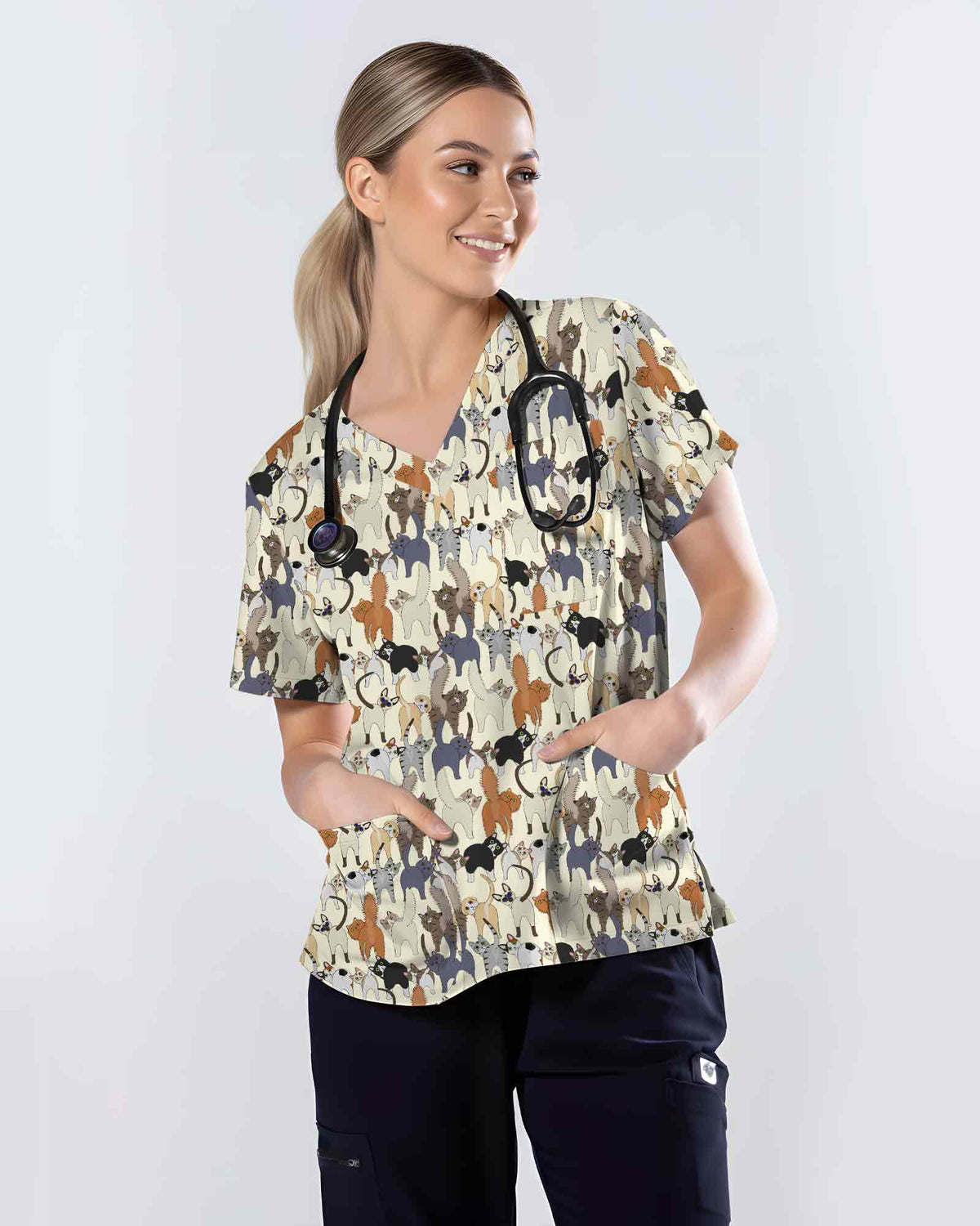 Playful Cat Butt Veterinary Scrub Top - Scrubloop
