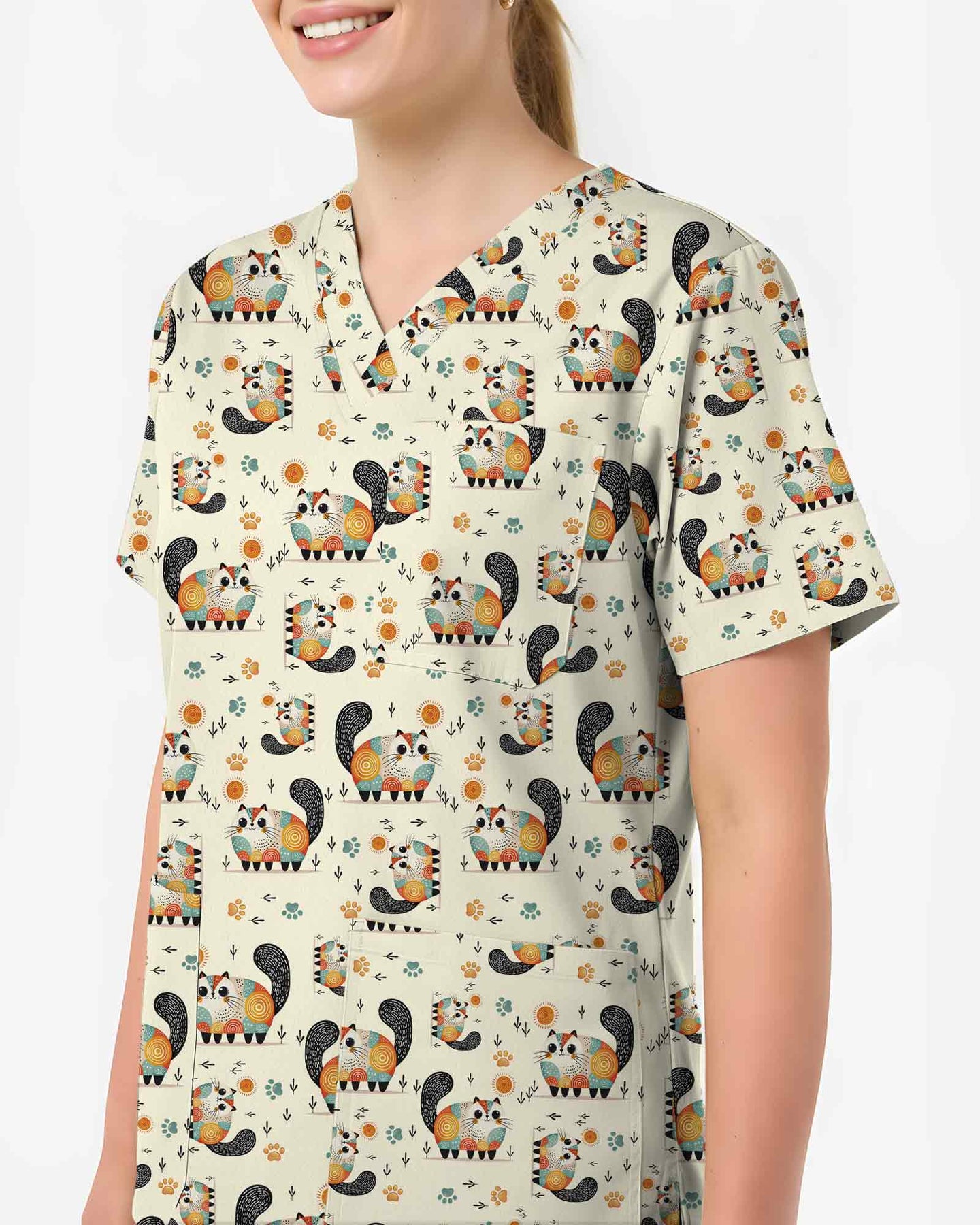 Playful Cat Illustration Scrub Top - Scrubloop