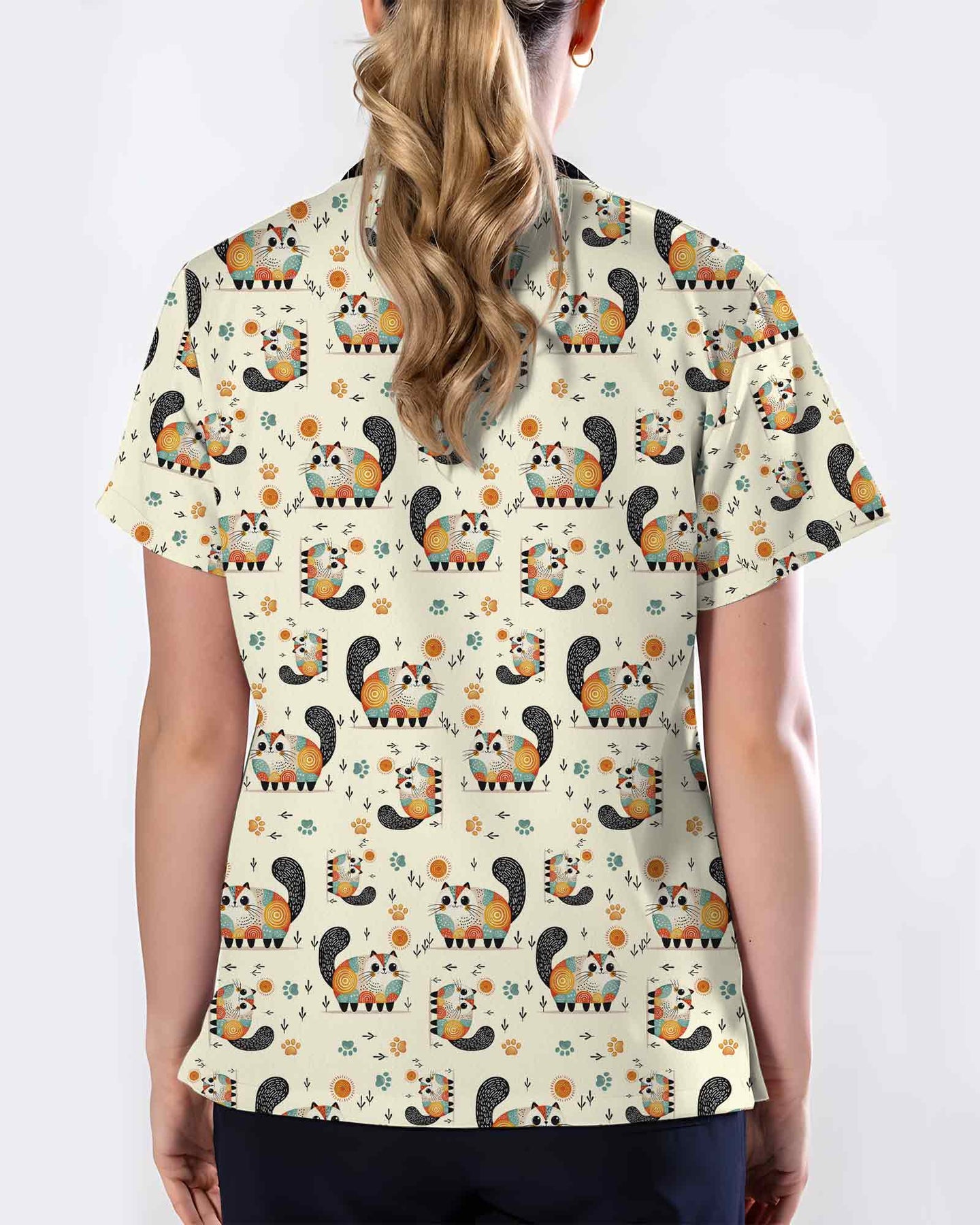 Playful Cat Illustration Scrub Top - Scrubloop