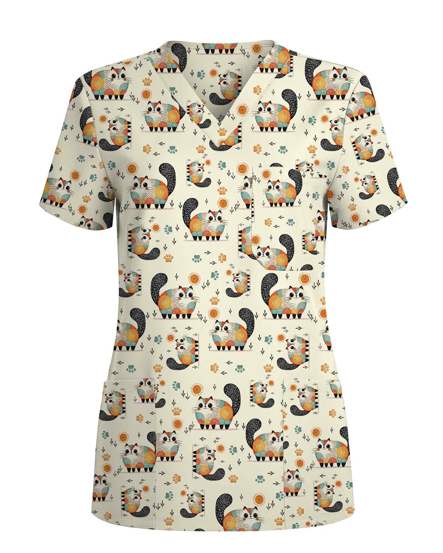 Playful Cat Illustration Scrub Top - Scrubloop