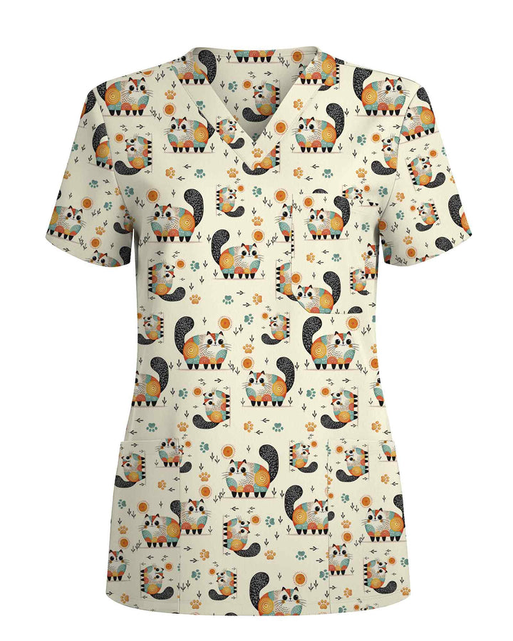 Playful Cat Illustration Scrub Top