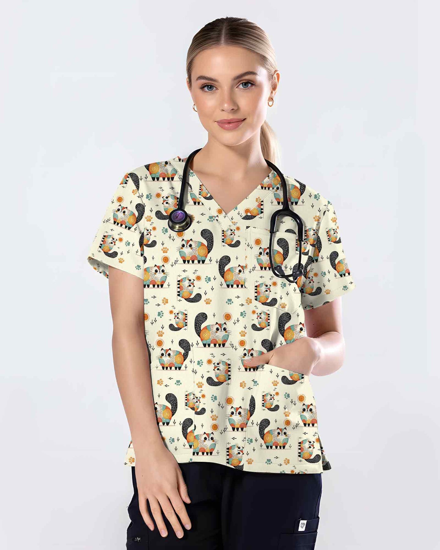 Playful Cat Illustration Scrub Top - Scrubloop