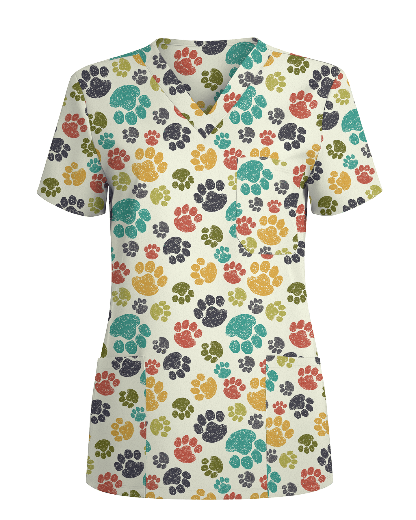Playful Colorful Paw Print Vet Scrub Top - Scrubloop