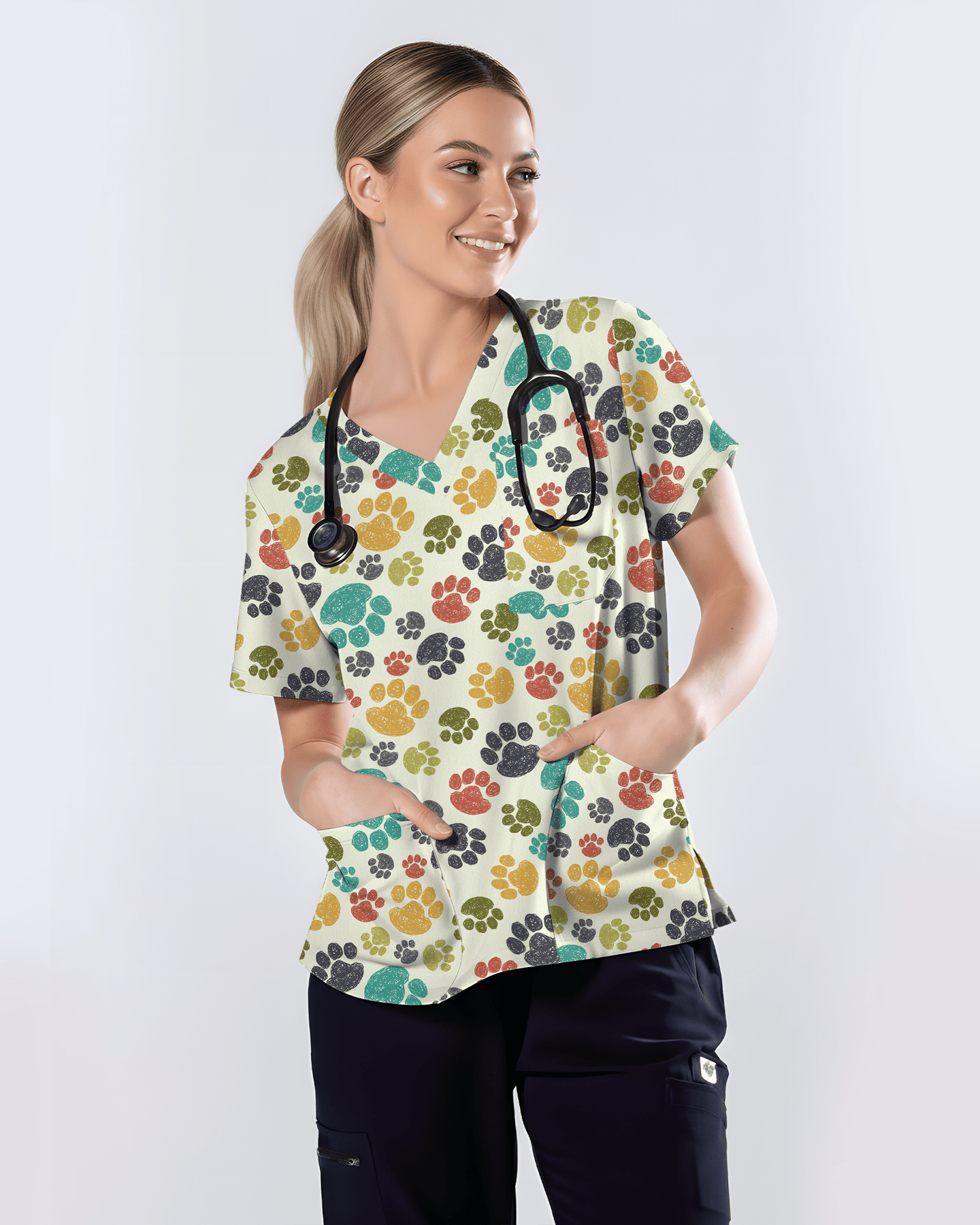 Playful Colorful Paw Print Vet Scrub Top - Scrubloop