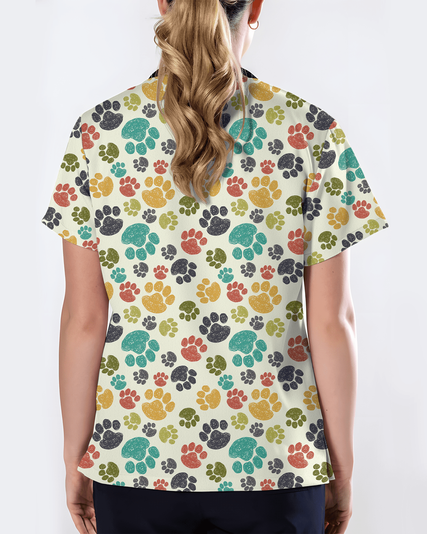 Playful Colorful Paw Print Vet Scrub Top - Scrubloop