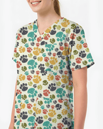 Playful Colorful Paw Print Vet Scrub Top - Scrubloop