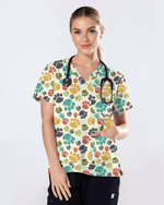 Playful Colorful Paw Print Vet Scrub Top - Scrubloop