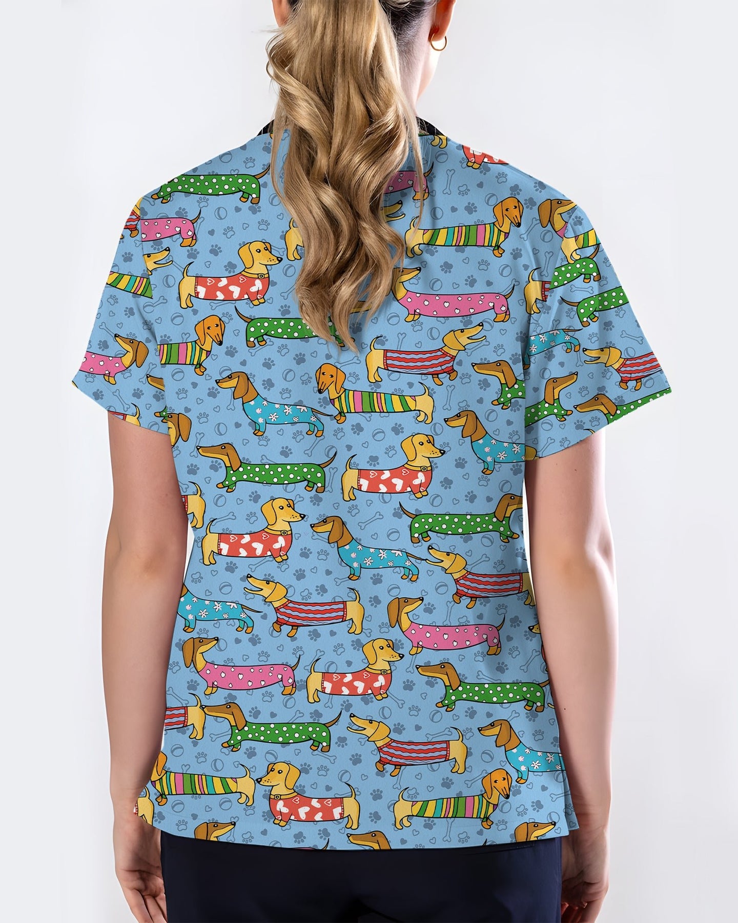 Playful Dachshund Allover Cartoon Women Scrub Top - Scrubloop