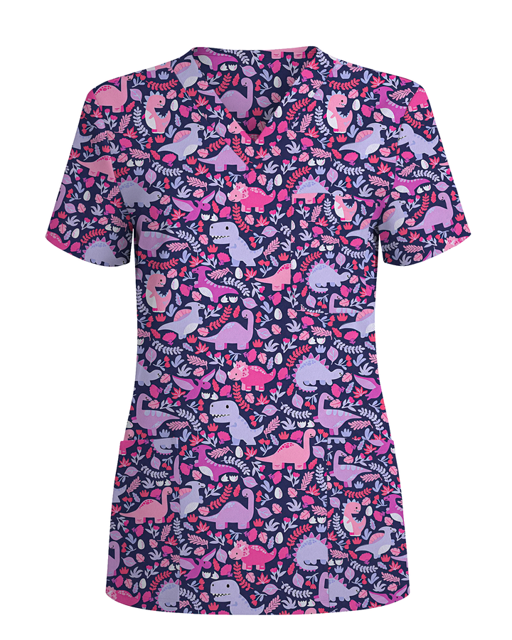 Playful Dinosaur Jurassic Women Scrub Top
