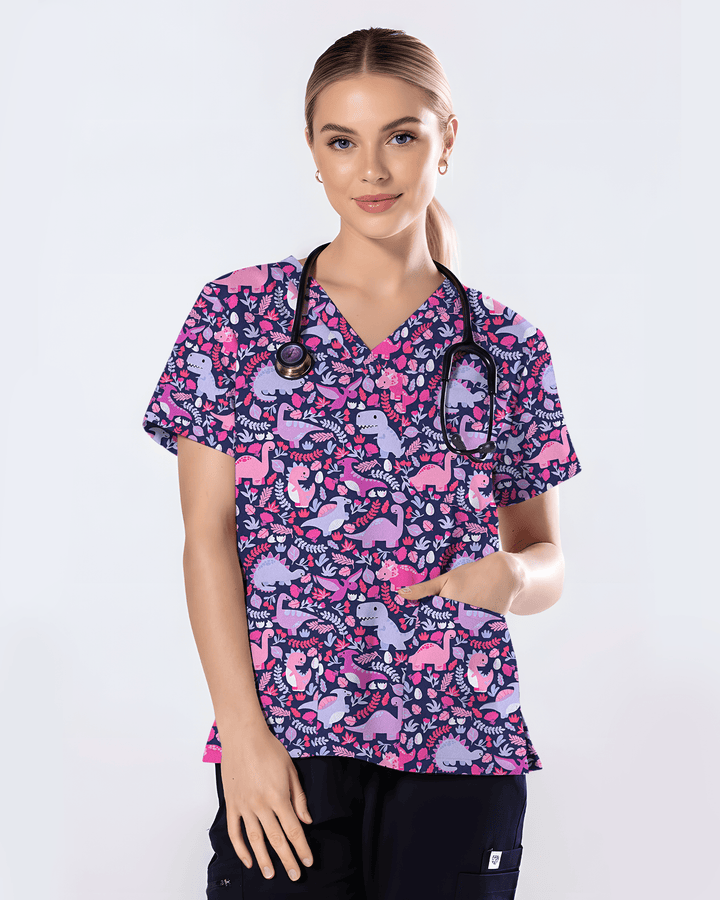 Playful Dinosaur Jurassic Women Scrub Top