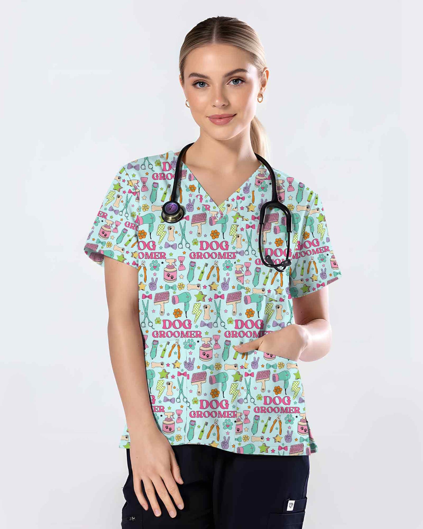 Playful Dog Groomer Medical Scrub Top - Scrubloop