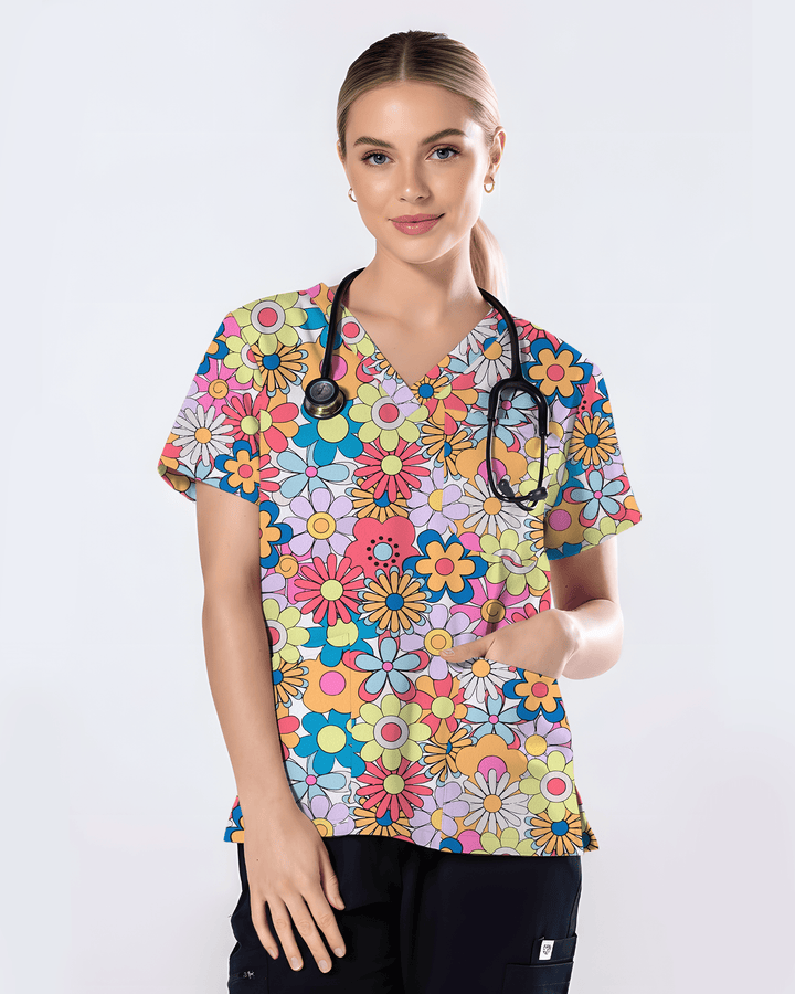 Playful Flower Power Women Scrub Top