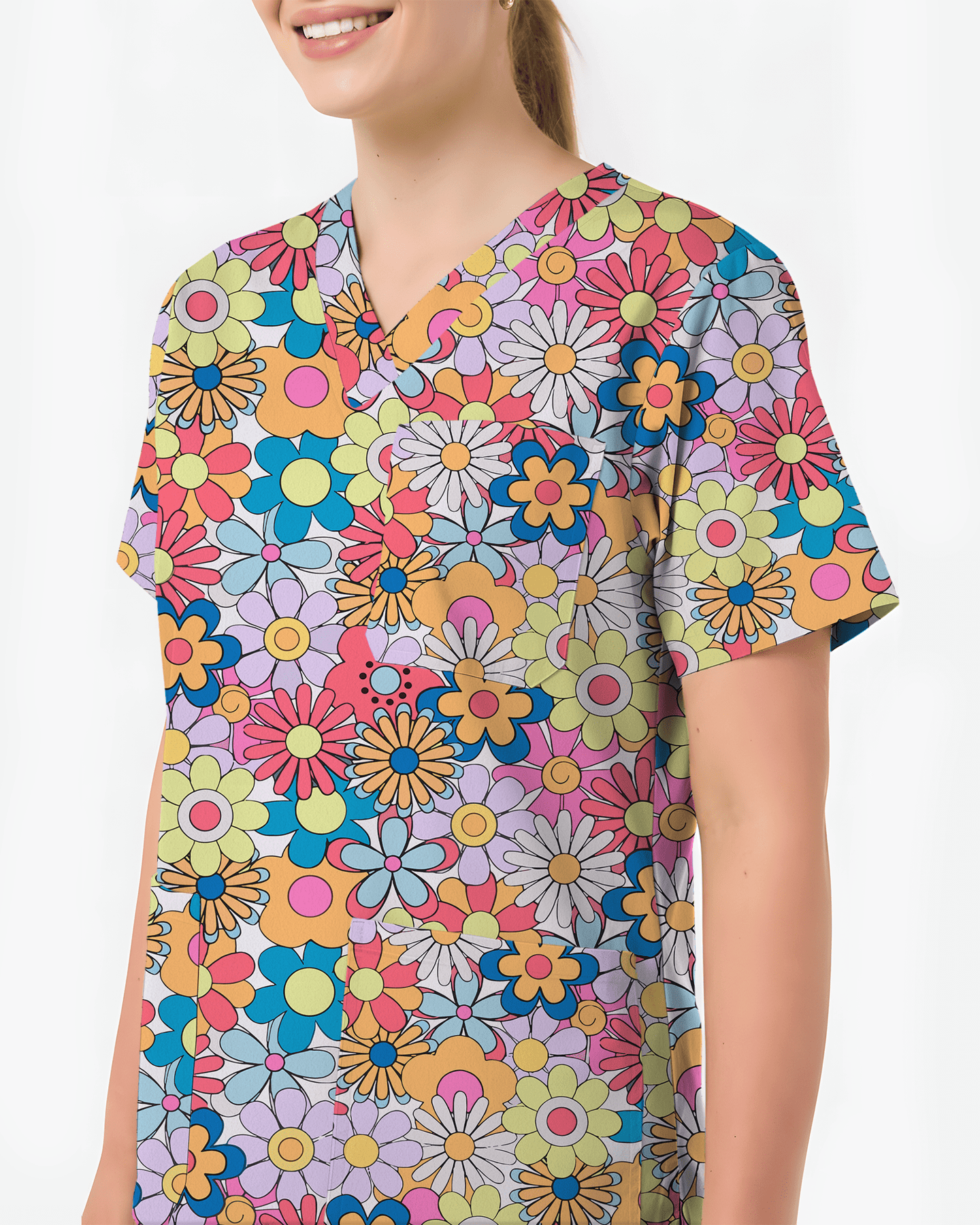 Playful Flower Power Women Scrub Top - Scrubloop