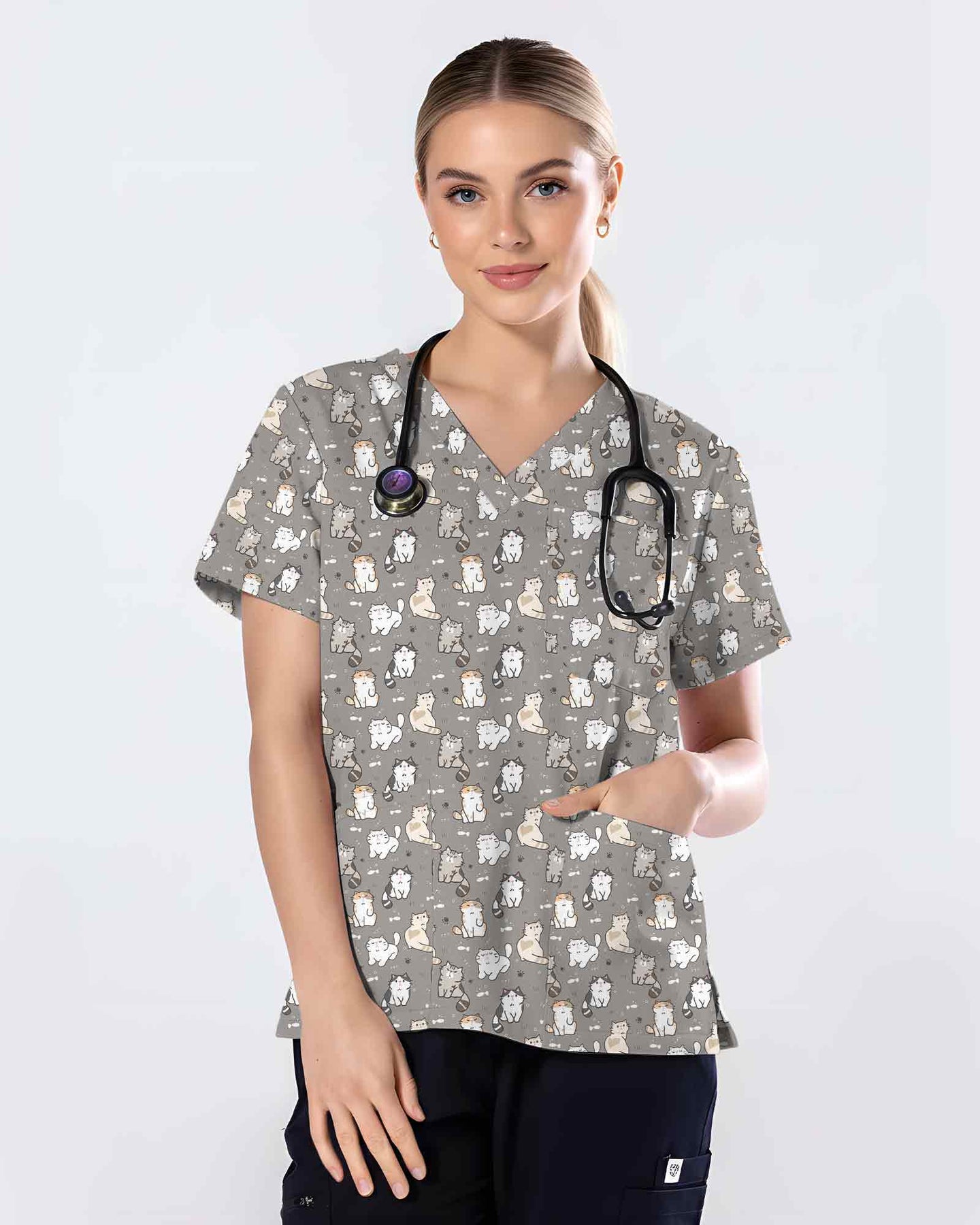 Playful Fluffy Chubby Cat Scrub Top - Scrubloop