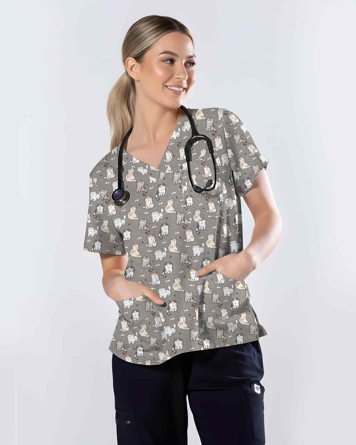 Playful Fluffy Chubby Cat Scrub Top - Scrubloop