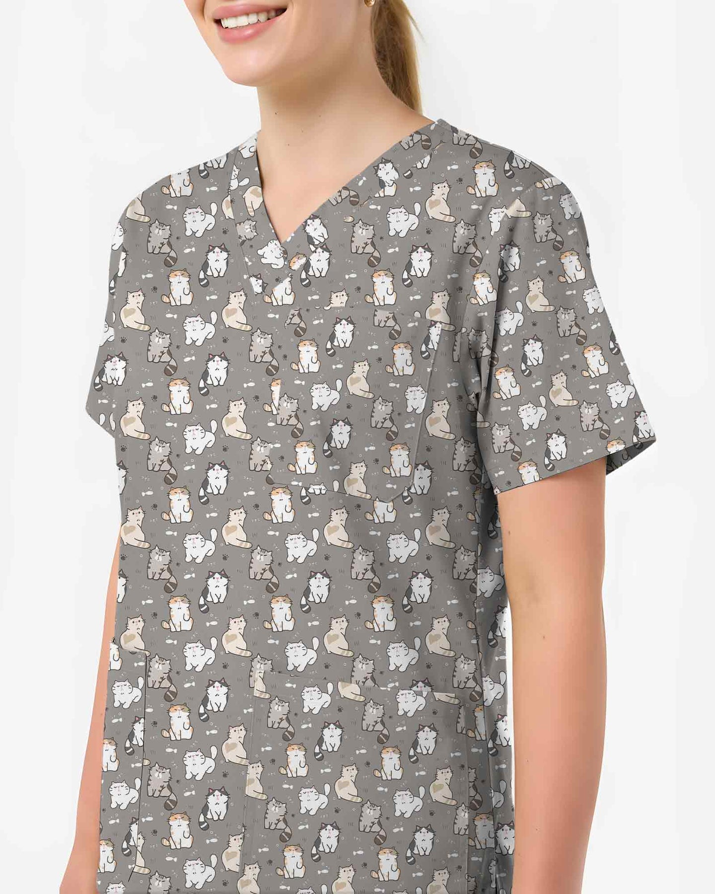 Playful Fluffy Chubby Cat Scrub Top - Scrubloop