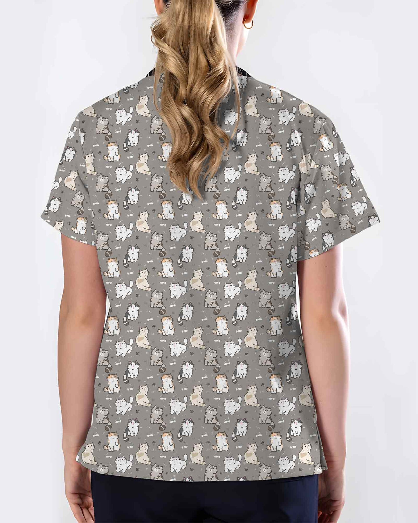 Playful Fluffy Chubby Cat Scrub Top - Scrubloop
