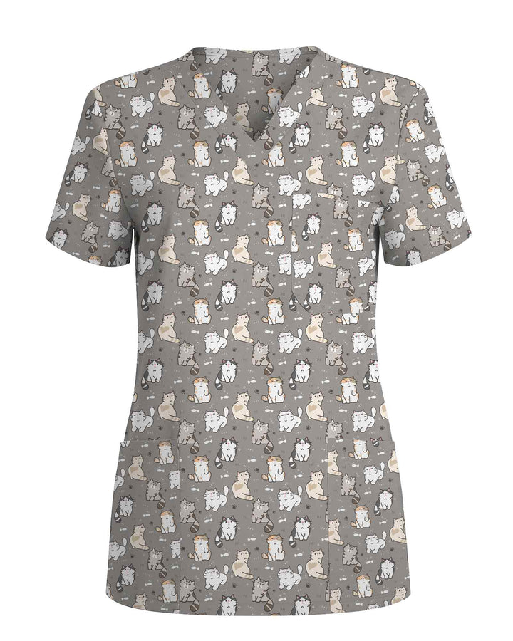 Playful Fluffy Chubby Cat Scrub Top