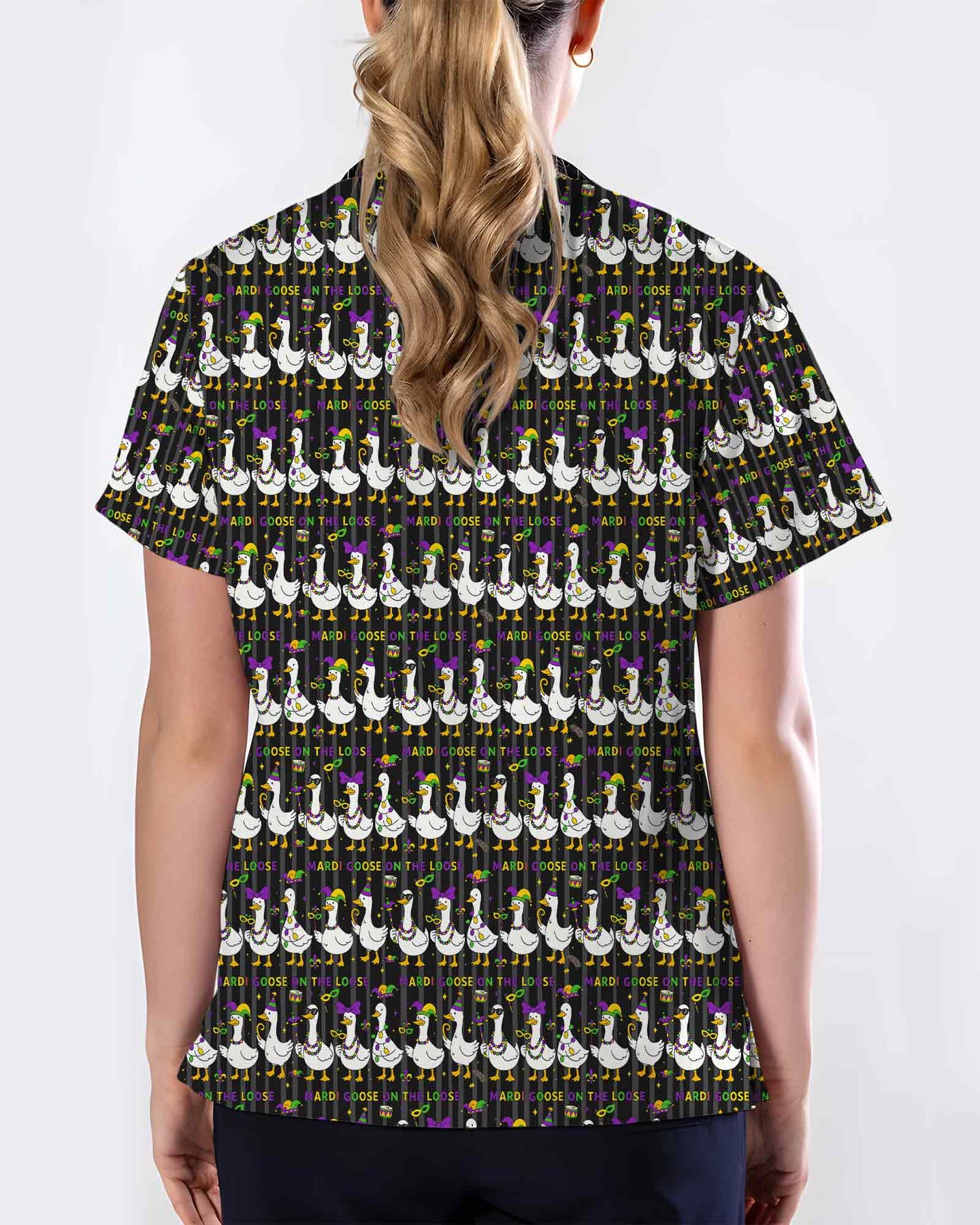 Playful Mardi Goose Cartoon Scrub Top - Scrubloop