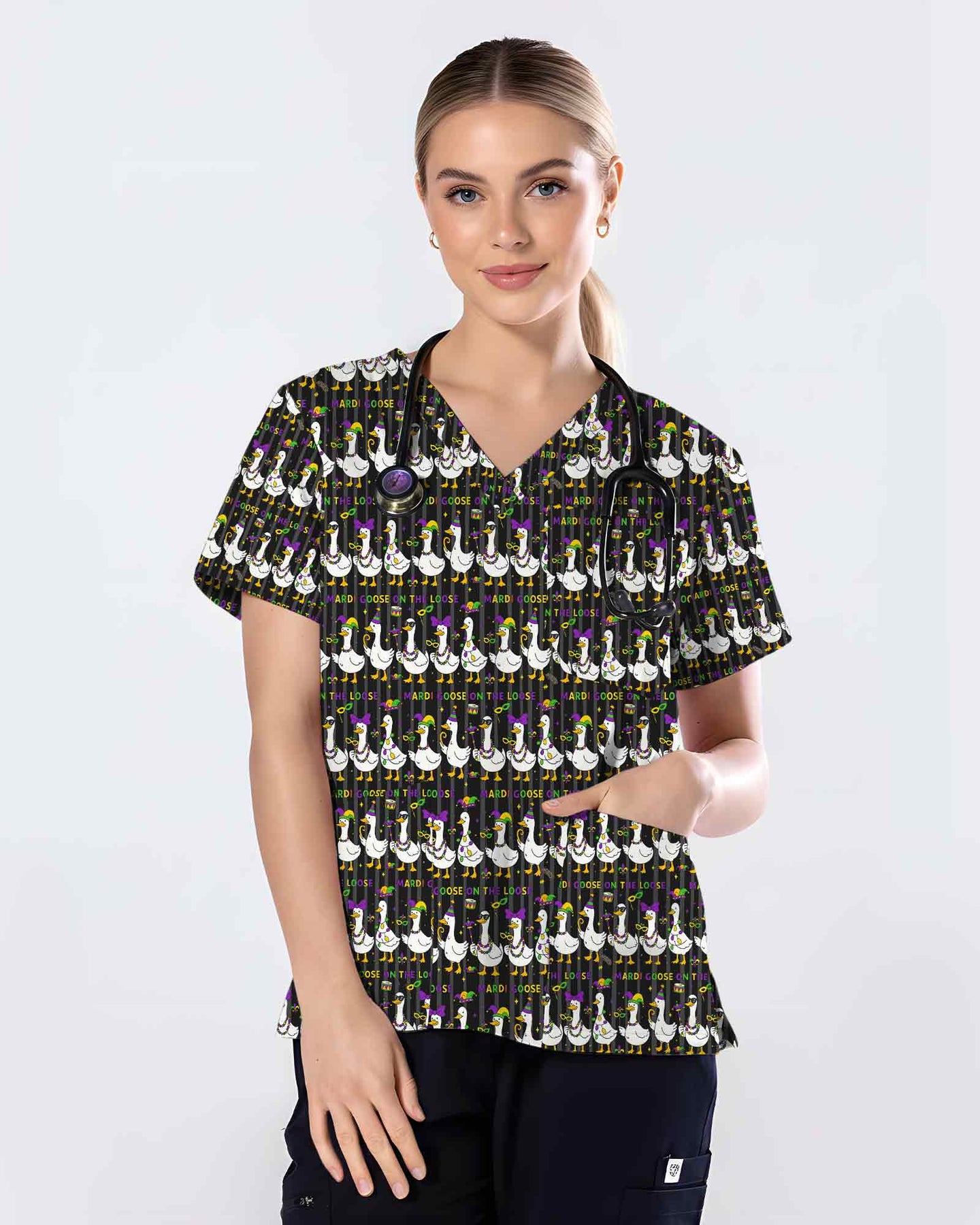 Playful Mardi Goose Cartoon Scrub Top - Scrubloop