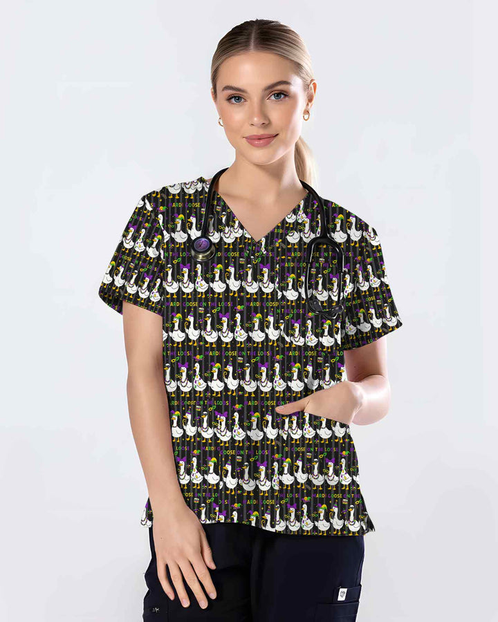 Playful Mardi Goose Cartoon Scrub Top
