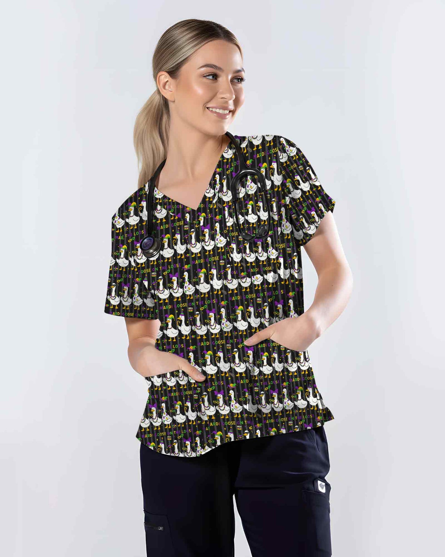 Playful Mardi Goose Cartoon Scrub Top - Scrubloop