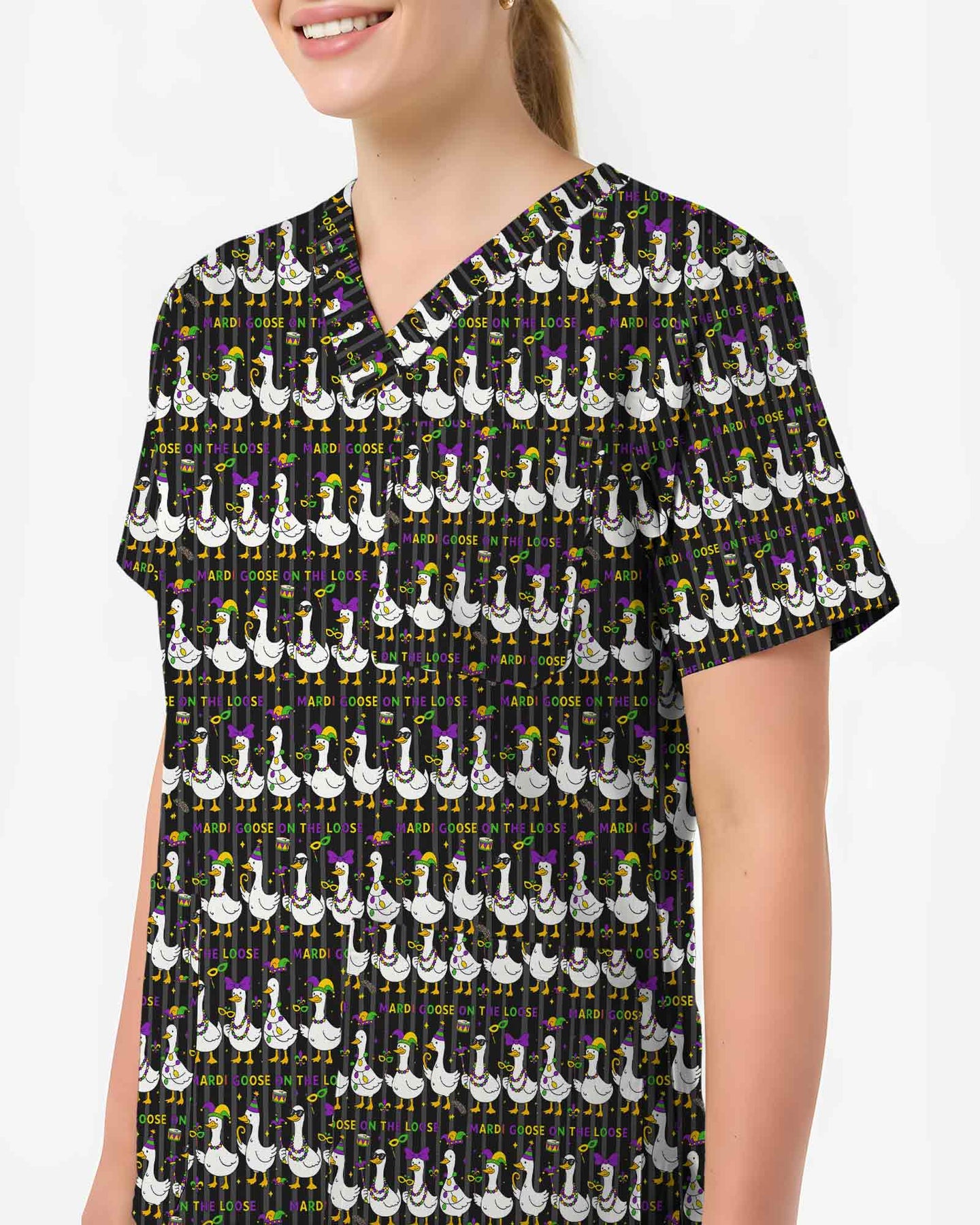 Playful Mardi Goose Cartoon Scrub Top - Scrubloop