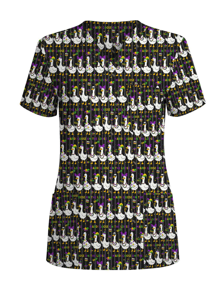 Playful Mardi Goose Cartoon Scrub Top